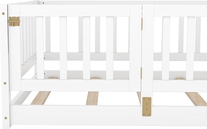 Bellemave Twin Size Montessori Floor Bed with 21.5" High Rails and Slats, Pine,Plywood Floor Bed with Small Door, White