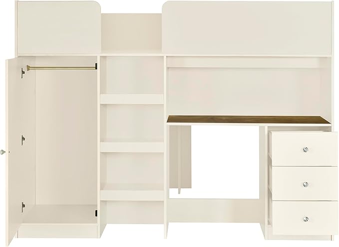 Harper & Bright Designs Full Size Loft Bed with Desk, Wood Full Loft Bed Frame with Built-in Wardrobe, Storage Shelves and Drawers, Beige
