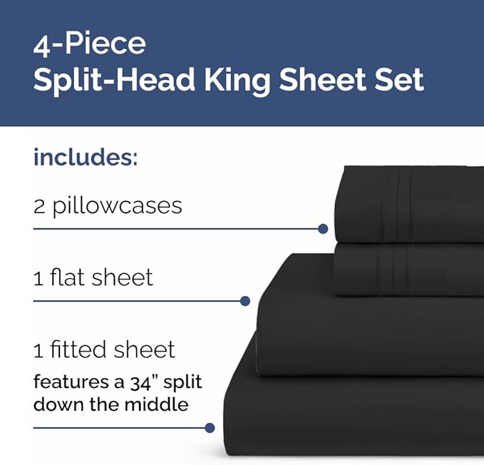 Flex Top Split Head King 4 Piece Sheet Set - Ultra-Soft, Breathable & Cooling Bed Sheets Set - Hotel Luxury Bedding for Women & Men with Deep Pockets - Wrinkle Free & Fade Resistant - Oeko-Tex - Black