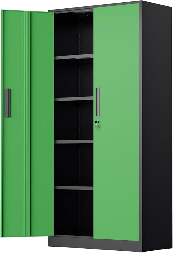 INTERGREAT Metal Storage Cabinet, Garage Steel Locking Cabinets with Doors and 4 Adjustable Shelves, Tall Lockable File Tool Cabinets for Home Office, Classroom Cabinet Basement, Black-Green