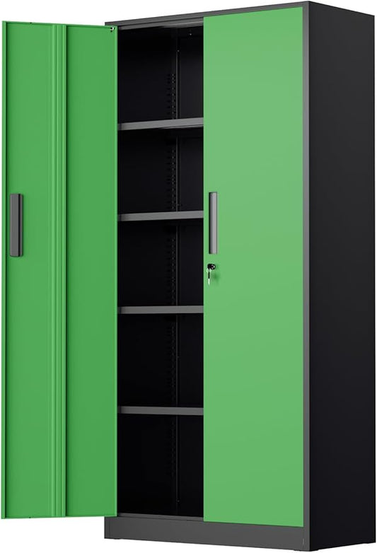 INTERGREAT Metal Storage Cabinet, Garage Steel Locking Cabinets with Doors and 4 Adjustable Shelves, Tall Lockable File Tool Cabinets for Home Office, Classroom Cabinet Basement, Black-Green