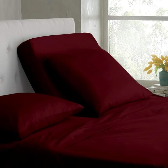 Rajlinen Top Split Head King Sheet Set for Adjustable Beds, Split King Flex Head Sheets, 34 Top Split, 100% Cotton, 16 Deep Pocket, Burgundy Solid