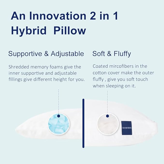 ACCURATEX Hybrid Pillow for Sleeping, Adjustable Shredded Memory Foam Pillow Core with Fluffy Down Alternative Fill Removable Cotton Cover,for Side,Back,Stomach Sleepers,Queen Size, 1 Pack