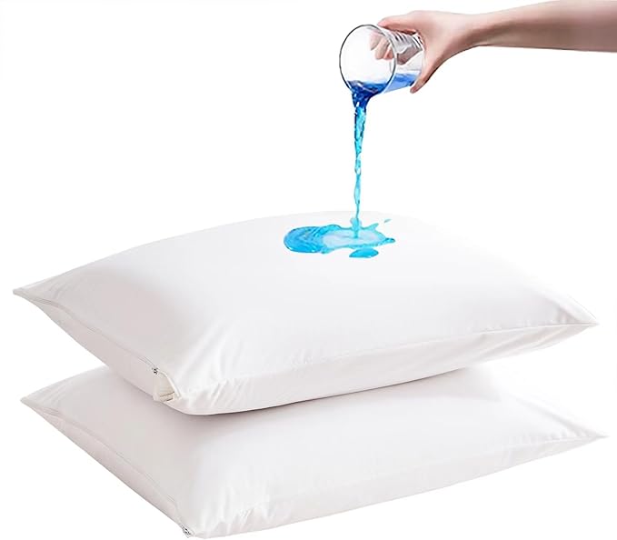 2 Pack Waterproof Pillow Protectors with Zipper Standard Size Zippered Pillow Case Protectors Hypoallergenic Bed Pillow Covers Encasement Smooth Downproof Feather Proof Machine Washable