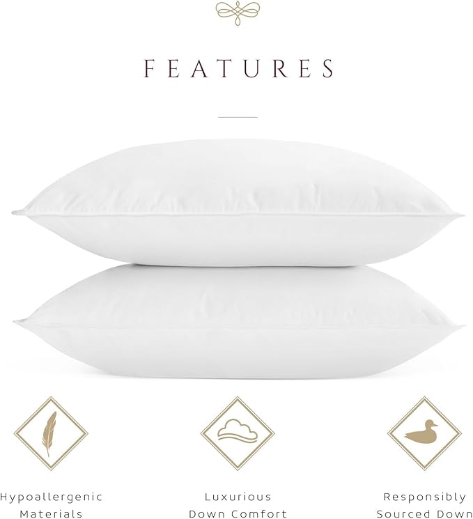 Luxury Down Feather Pillow Set of 2 - Queen/King Bed Pillows for Sleeping with Premium 100% Cotton Cover (King)