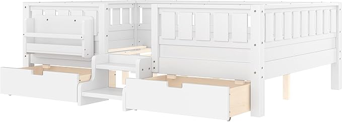Bellemave Full Size Bed Frame with Storage Drawers & Bookshelf, Low Profile Kids Bed with Staircase & Full Length Guardrails, Solid Wood Full Size Bed Frame Kids with Slats Load 450 LBS, White
