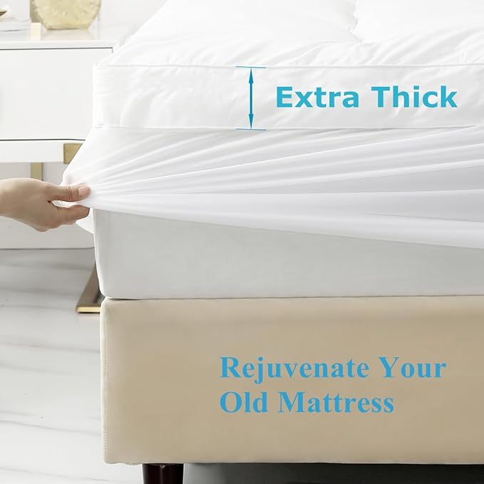 King Mattress Topper - Extra Thick Mattress Pad Cover - Pillow Top with Soft Breathable Spiral Fiber Filling, 8-21 Inch Deep Pocket, Cooling, White