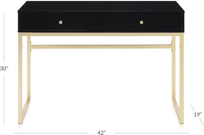 BELLEZE Modern 42 Inch Makeup Vanity Dressing Table or Home Office Computer Laptop Writing Desk with Two Storage Drawers, Wood Top, and Gold Metal Frame - Bronte (Black)