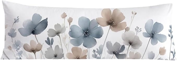 Vintage Watercolor Floral 20x54 Body Pillow Cover, Floral Room Decor, Abstract Blue Gray and White Flowers Botanical Decorative Long Body Pillow Cases for Bed Couch