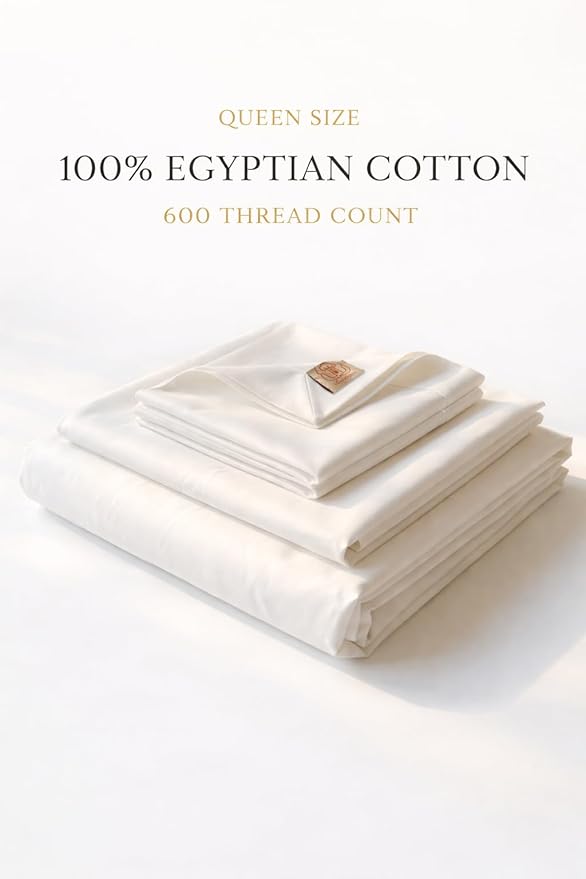 100% Egyptian Giza 92 Cotton Bed Sheet Set, 600 Thread Count, 4 Piece Soft & Breathable with Deep Pocket Fitted Sheet, Made in Egypt (White, Queen (U.S. Standard))