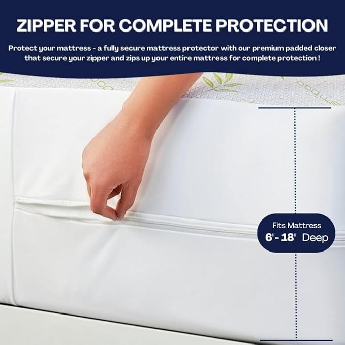 Bamboo Mattress Protector with Zipper - 100% Waterproof Twin XL Size Cooling Mattress Cover - Ultra Soft Jacquard Fabric Breathable Noiseless Mattress Pad Cover - Zippered Mattress Encasement