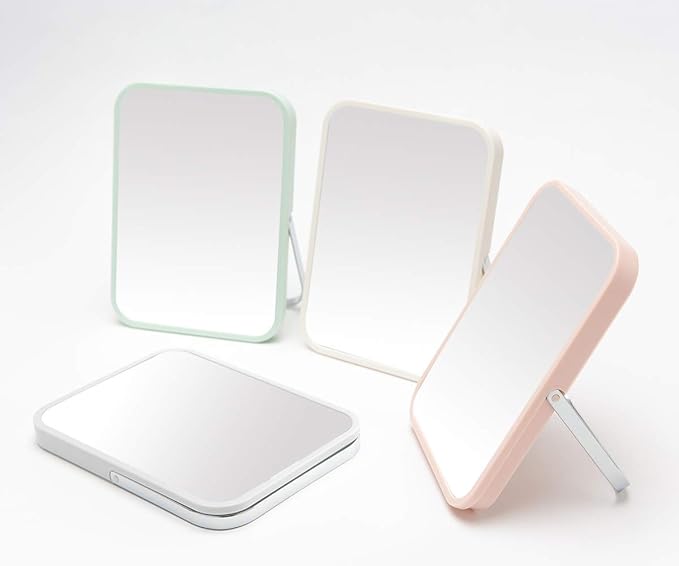 YEAKE Table Desk Vanity Makeup Mirror,8-Inch Portable Folding Mirror with Metal Stand 90°Adjustable Rotation Tavel Make Up Mirror Hanging Bathroom for Shower Shaving(White)