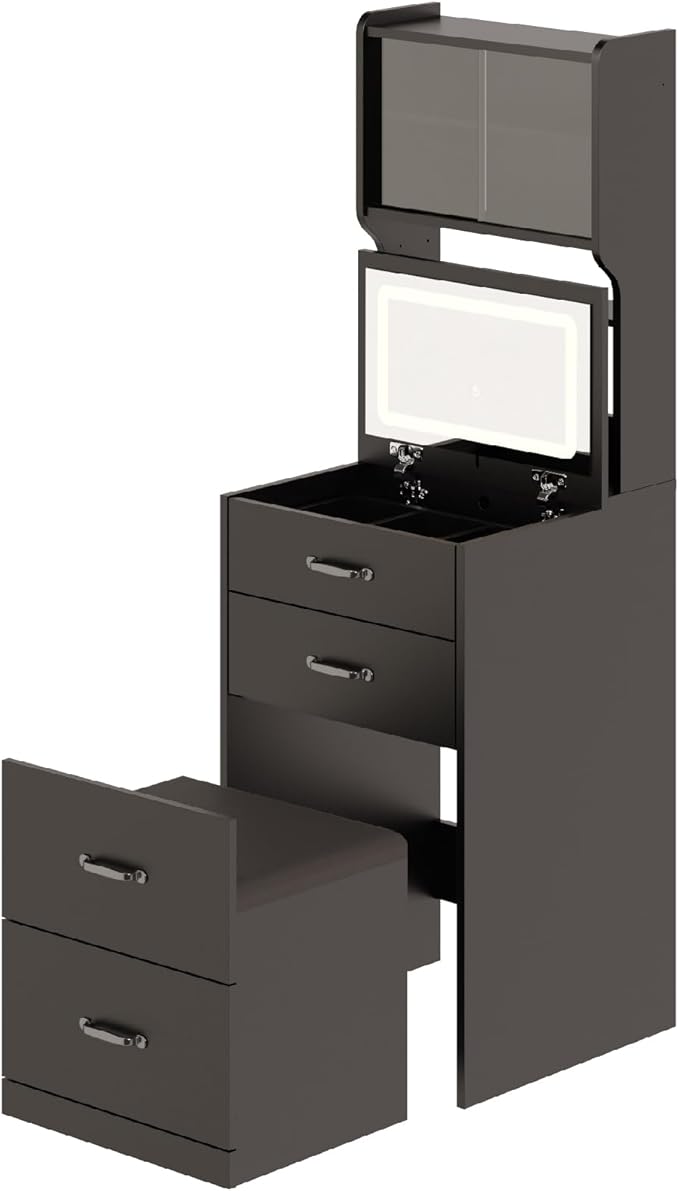 GarveeLife Compact Vanity, Make Up Vanity Desk with Mirror and Lights, White Vanity Table Set with Charger Station,Girls Small Vanity and Storage Chair