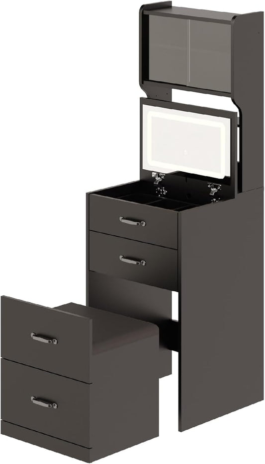 GarveeLife Compact Vanity, Make Up Vanity Desk with Mirror and Lights, White Vanity Table Set with Charger Station,Girls Small Vanity and Storage Chair