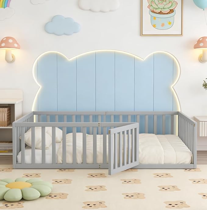 Bellemave Queen Size Montessori Floor Bed with 21.7" High Rails, Pine,Plywood Floor Bed with Small Door, Gray