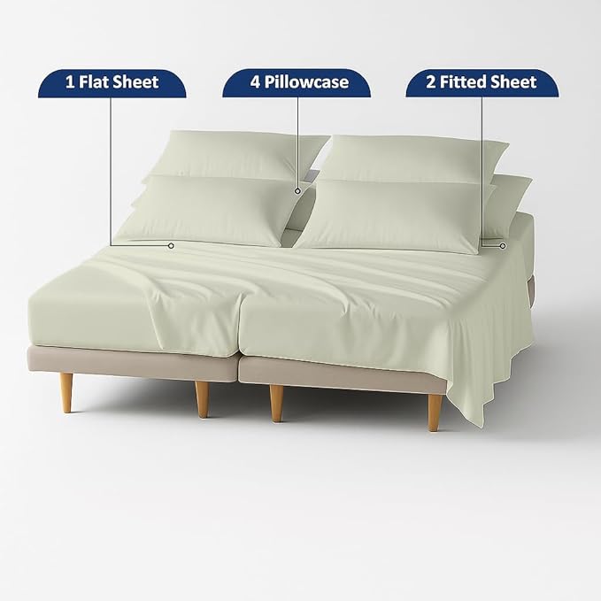 Split Cal King Sheets- California Sheets Sets for Adjustable Bed- 16 Inch Deep Pocket- Sleep Number 7 Pcs Set- Easy Fit- Wrinkle Free- Hotel Luxury Bed (Ivory Solid)