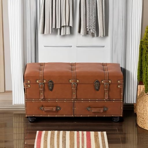 COZAYH Vintage Mid-Century Faux Leather Storage Ottoman Accent Bench - Upholstered Padded Chest for Entryway, Bedroom, Living Room, Orange