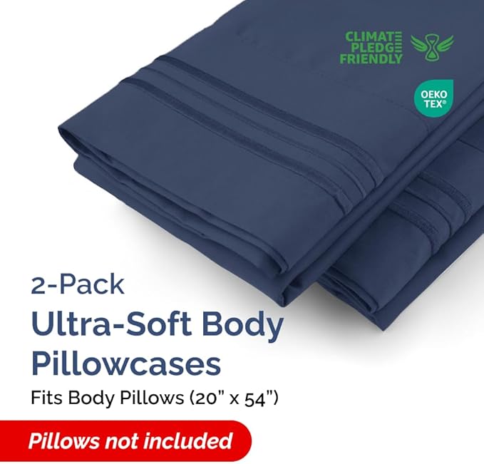 Body Pillowcases Set of 2-20x54 Long Body Pillow Case - Soft Body Pillow Cover for Sleeping & Side Sleepers - Comfy, Breathable & Wrinkle Free - Machine Washable w/Envelope Enclosure (Navy Blue)