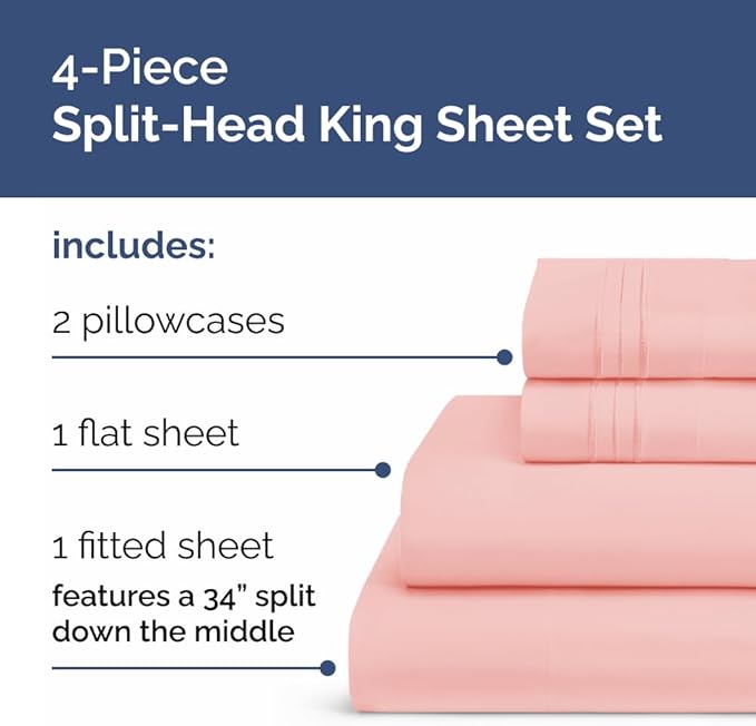 Flex Top Split Head King 4 Piece Sheet Set - Soft, Breathable & Cooling Bed Sheets Set - Hotel Luxury Bedding for Women & Men with Deep Pockets - Wrinkle Free & Fade Resistant - Oeko-Tex - Baby Pink