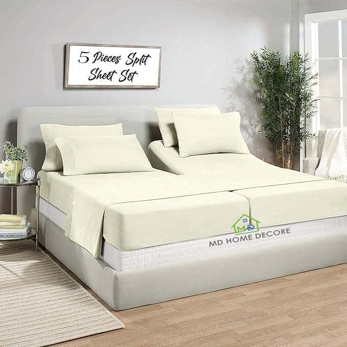 5 Piece Split King Sheet Set, Deep Pockets 16 Inch, 100% Egyptain Cotton, Split King Sheets for Sleep Number Beds, Sheets Sets for Adjustable Bed, Ivory, Solid
