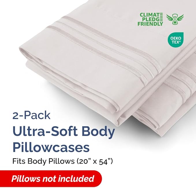 Body Pillowcases Set of 2-20x54 Long Body Pillow Case - Soft Body Pillow Cover for Sleeping & Side Sleepers - Comfy, Breathable & Wrinkle Free - Machine Washable w/Envelope Enclosure (Light Grey)