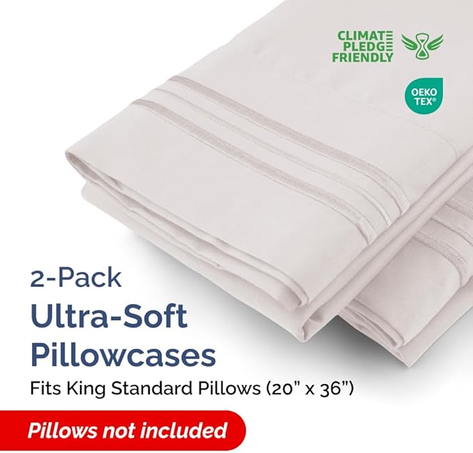 King Standard Pillow Cases Set of 2 - Soft Hotel Quality Pillowcase Covers - Comfy, Cozy & Fade Free - Wrinkle Resistant - Machine Washable Pillow Protectors - 2 Piece Set - King Standard Light Grey