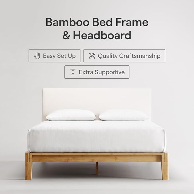 Nectar Bamboo Platform Bed Frame & Upholstered Headboard - Twin - Natural/Linen - Floating Center Support Legs - 12” Height - Easy Tool Free Set Up - Sturdy Wooden Slats - Holds Up To 500 lbs