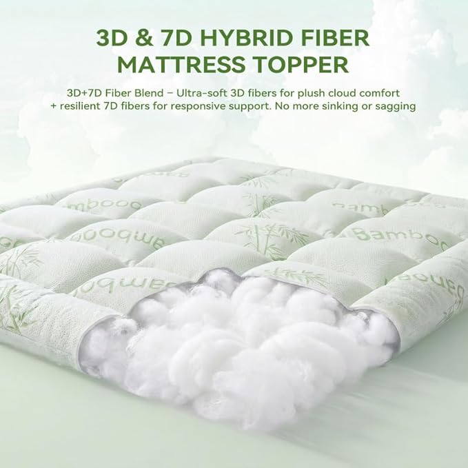 BDEUS Full Mattress Topper Viscose Derived from Bamboo, 100% Waterproof Thick Pillow Top Mattress Pad for Back Pain Relief, Naturally Cooling for Hot Sleepers, Green