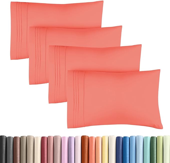 Standard Pillow Cases Set of 4 - Ultra Soft Hotel Quality Pillowcase Covers - Comfy Cozy Bedding for Women, Men, Kids & Teens - Machine Washable Pillow Protectors - 4 Piece Set - Standard Size Coral
