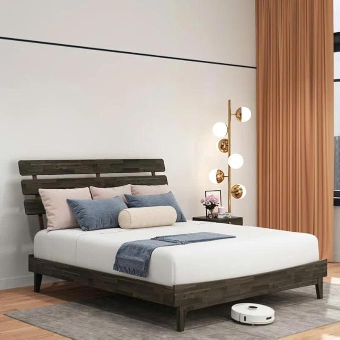 Bme Caden King Size Bed Frame and Adjustable Headboard, 15 Inch Mid Century Retro Style - Solid Acacia Wood - No Box Spring Needed - 12 Strong Wood Slat Support - Easy Assembly - Charcoal Mocha