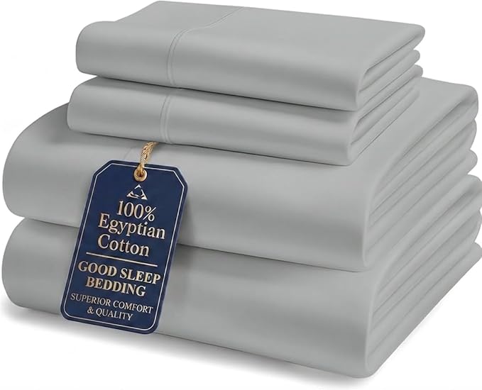 Good Sleep Bedding Twin XL Sheet Set - 100% Egyptian Cotton XL Twin Sheet Set, 4 Pc, Extra Long Twin Sheets for Dorm, Hotel Sheets, 16" Deep Pocket Extra Long - Light Grey Sheets