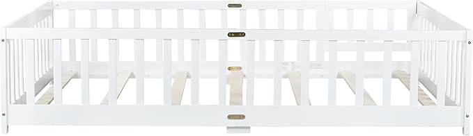 Bellemave Full Size Floor Bed with Slats and Safety Guardrail, Full Size Montessori Floor Bed with Fence and Door, Easy Assemble Montessori Beds for Kids, Girls, Boys, White