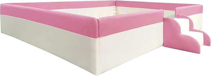 Merax Queen Size Floor Bed, Upholstered Kids Daybed Frame with Fence and Stairs, Wood Bed for Living Room, White+Pink