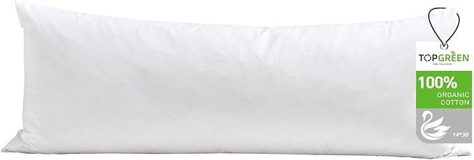 TOPGREEN Feathers Down Pillow Insert 14x36, 100% Organic Cotton Shell, Large Lumbar Pillow Insert, Decorative Throw Pillow for Living Room Sofa, Couch, or Bed (White)