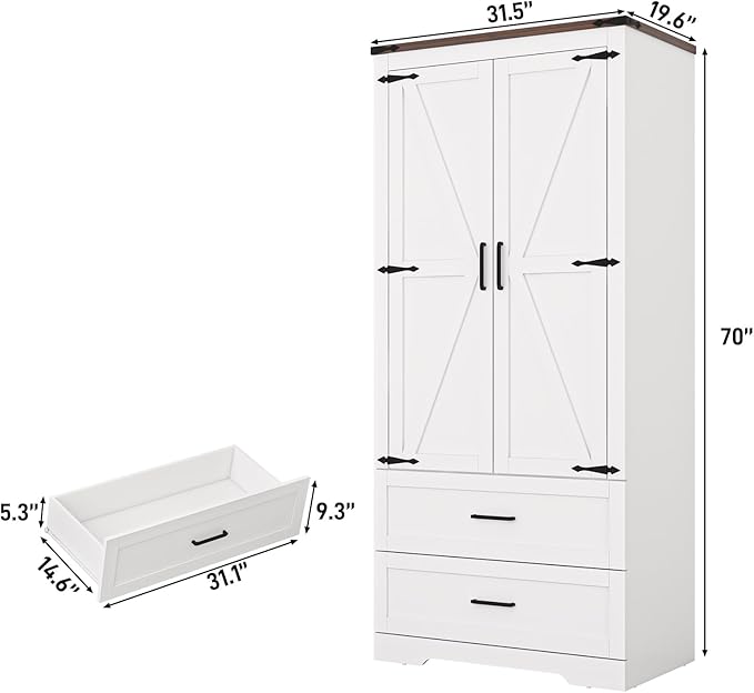 St.Mandyu Farmhouse Wardrobe Armoire Closet with 2 Doors and 2 Drawers, 70.1" Wooden Clothing Storage Cabinet, Freestanding Large Capacity Storage Wardrobe Armoire with Hanging Rod for Bedroom, White