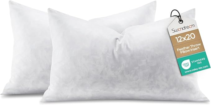 12x20 Feather Lumbar Pillow Inserts, Decorative Throw Pillow Inserts for Covers, Fuller Fit with Soft Support for Bed and Couch, Set of 2