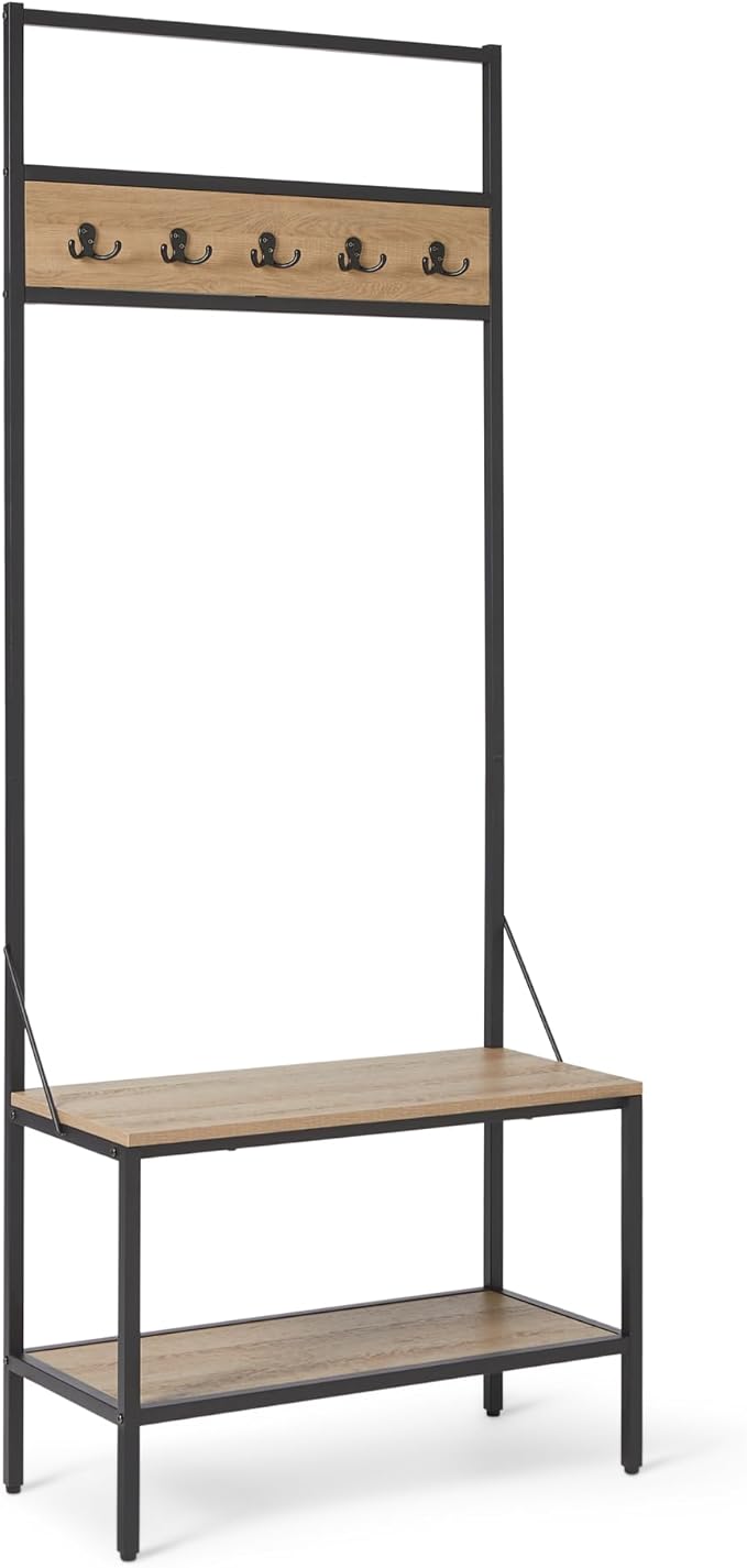Amazon Basics Entry Bench with Hooks, Hall Tree with Shoe Storage, Steel Frame, Oak Finish