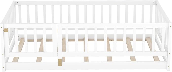 Bellemave Twin Size Montessori Floor Bed with 21.5" High Rails and Slats, Pine,Plywood Floor Bed with Small Door, White
