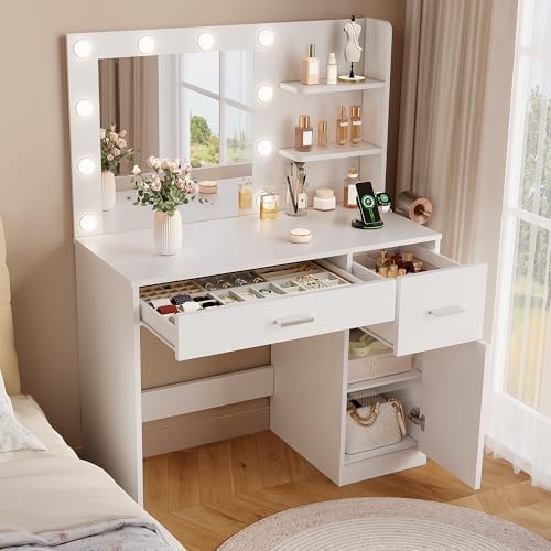 YESHOMY 35.4" Vanity Desk with Mirror & Lights, Makeup Vanity Table with Charging Station,3 Color Modes, 2 Drawers & Large Storage Cabinet with Open Shelves for Bedroom Dressing Room, Classic White