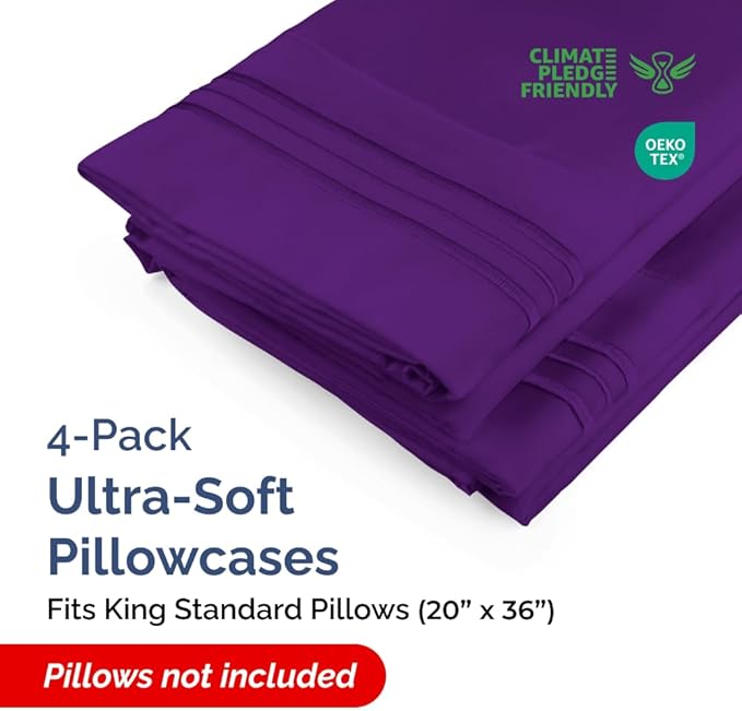 King Standard Pillow Cases Set of 4 - Soft Hotel Quality Pillowcase Covers - Comfy Bedding for Women, Men, Kids & Teens - Machine Washable Pillow Protectors - 4 Piece Set - King Standard Size Purple