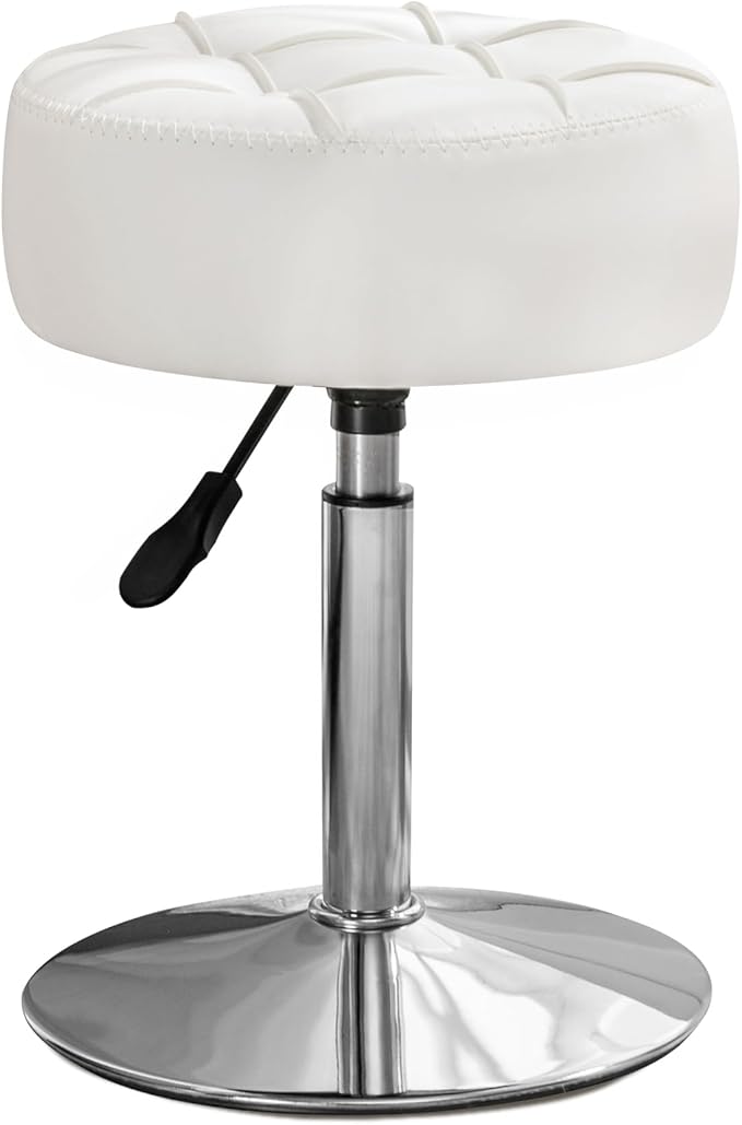LUE BONA Adjustable Vanity Stool, 360 Swivel Chair for Makeup Room, White Faux Leather Stool for Bathroom & Living Room