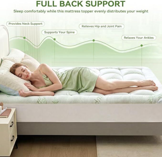 BDEUS Queen Mattress Topper Viscose Derived from Bamboo, 100% Waterproof Thick Pillow Top Mattress Pad for Back Pain Relief, Naturally Cooling for Hot Sleepers, Green