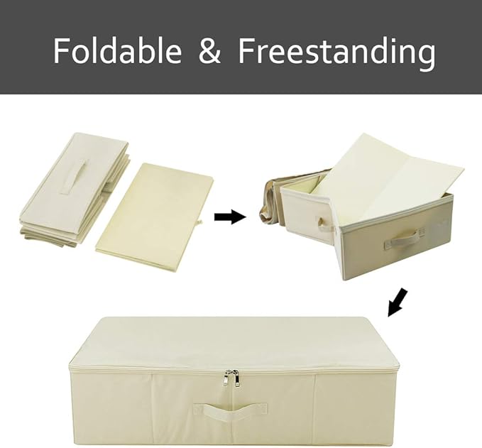 iwill CREATE PRO Folding Under Bed Shoes Storage Organiser Bins with Lid, Underbed Clothes Organizer Basket, Garment Storage Boxes, Beige