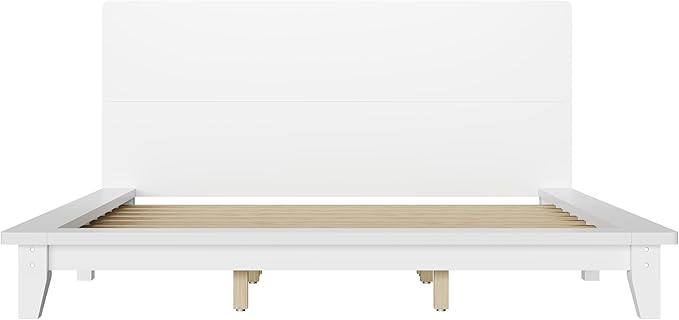 Mid-Century King Size Wooden Bed Frames, Pine Wood Japanese Low Platform Bed with White Headboard, 7 inch Low Under Bed Storage, 800 lbs Capacity, No Box Springs Required (White, King, 35.4" H)
