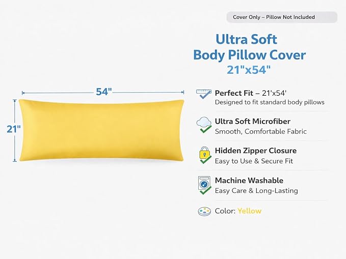 EVOLIVE Body Pillow Cover 21"x54", Ultra Soft Microfiber Pillowcase with Hidden Zipper, Breathable, Machine Washable, for Side Sleepers, Cover Only (21"x54" Body Pillow Cover, Yellow)