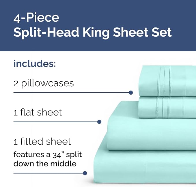 Flex Top Split Head King 4 Piece Sheet Set - Soft, Breathable & Cooling Bed Sheets Set - Hotel Luxury Bedding for Women & Men with Deep Pockets - Wrinkle Free & Fade Resistant - Oeko-Tex - Spa Blue