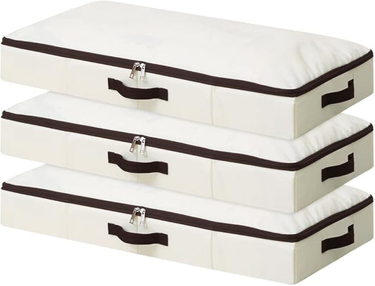 AMJ 3 Pack 4inch Underbed Storage Bins, Under Bed Storage Containers with Zippers for Blanket, Pillows, Comforters & Quilts, Beige