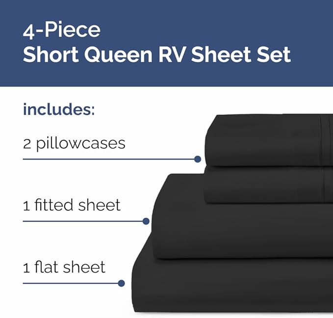 Short Queen Size 4 Piece Sheet Set - RV Short Queen, Ultra-Soft, Breathable & Cooling Bed Sheets Set with Deep Pockets - Hotel Luxury Bedding for Women & Men - Wrinkle Free & Fade Resistant - Black