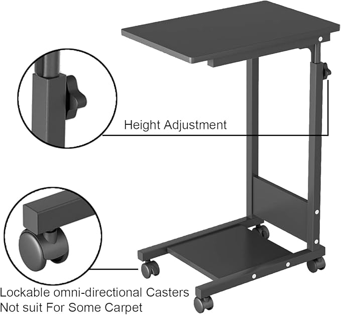 TigerDad Adjustable Height C Table Sofa Side Bedside Table with Wheels, Hospital Bed Table Rolling Tray with Storage, Mobile Computer Desk Laptop Table for Home Use
