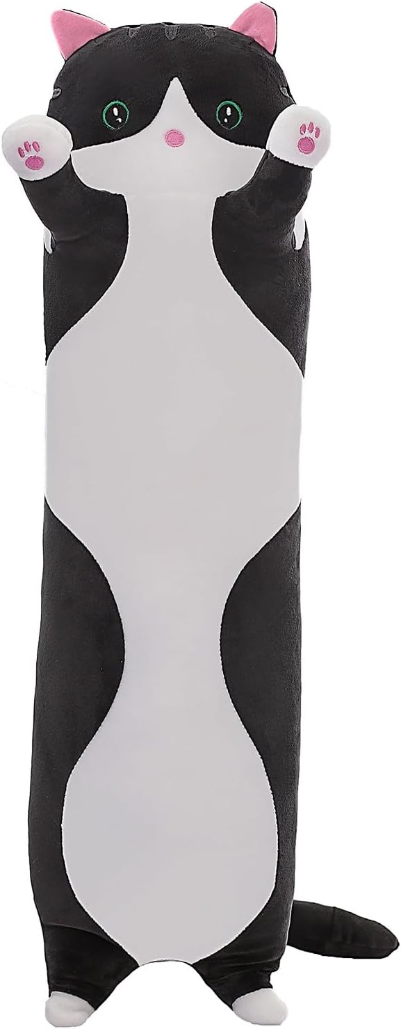 Cute Cat Plush Long Body Pillow – Soft Cartoon Stuffed Animal Doll, Kawaii Cat Plushie Cuddle Toy for Kids, Girls & Girlfriend (Black, 51.1 Inch)